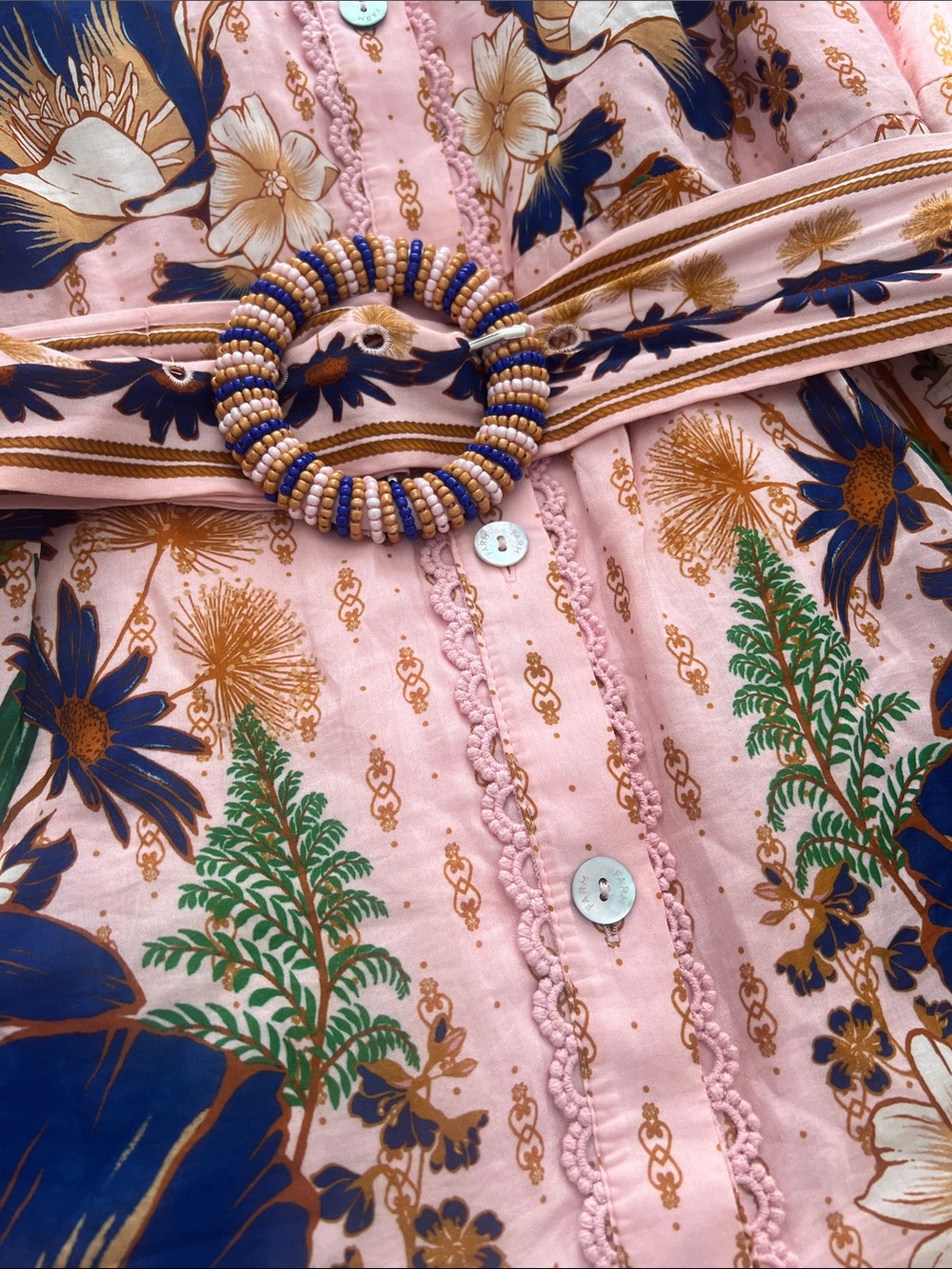 FARM Rio Peach-Pink Floral Button Front Mini Dress with Tie - Picture 2 of 6